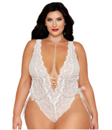Ensemble 2 pièces grande taille, body dentelle blanc et chainettes bijou de corps perles blanches - DG13697XWHT